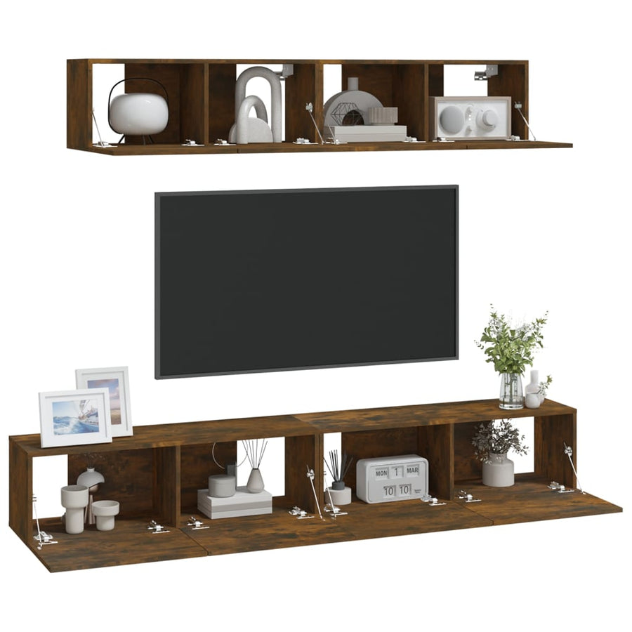 4-Delige Tv-Meubelset Bewerkt Hout Kleurig 80 x 30 x 30 cm Gerookt eiken