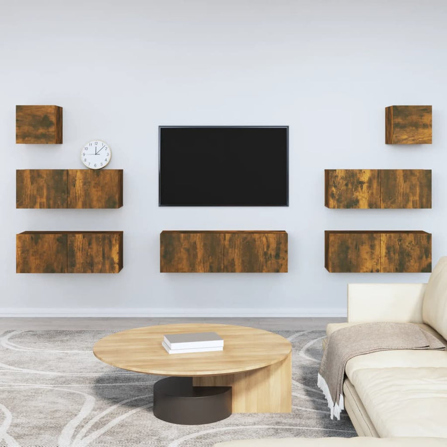7-Delige Tv-Meubelset Bewerkt Hout Kleurig Gerookt eiken