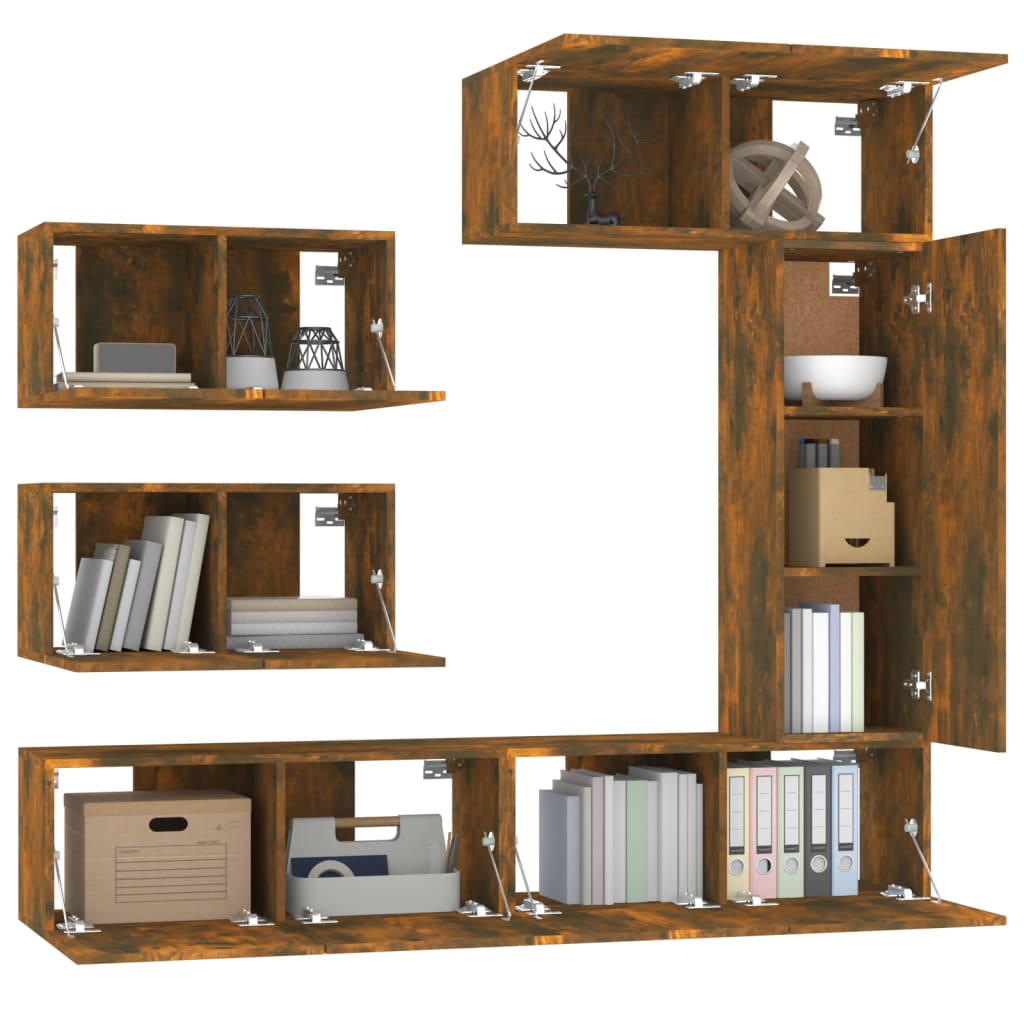 6-Delige Tv-Meubelset Bewerkt Hout Kleurig 80 x 30 x 30 cm Gerookt eiken