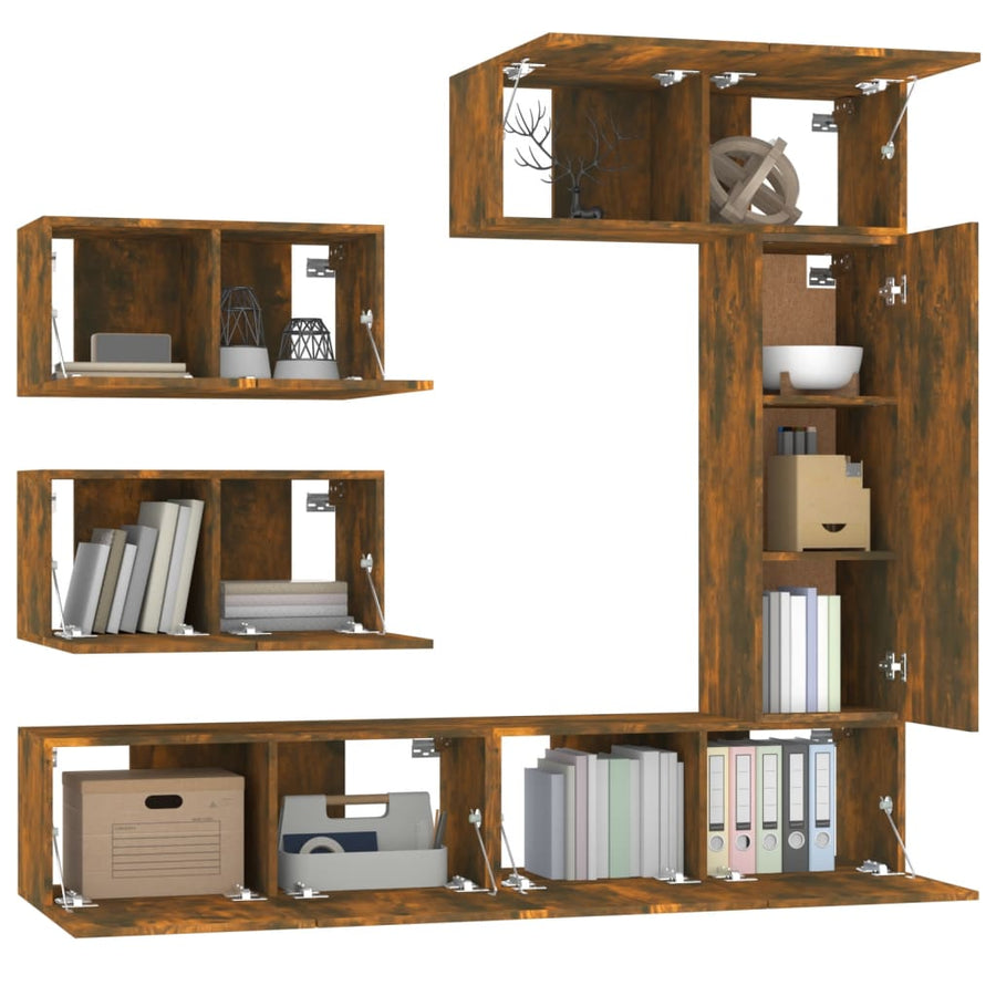 6-Delige Tv-Meubelset Bewerkt Hout Kleurig 80 x 30 x 30 cm Gerookt eiken