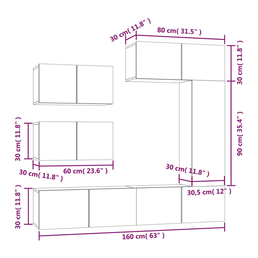 -Delige Tv-Meubelset Bewerkt Hout Eikenkleurig 6 80 x 30 x 30 cm Grijs sonoma