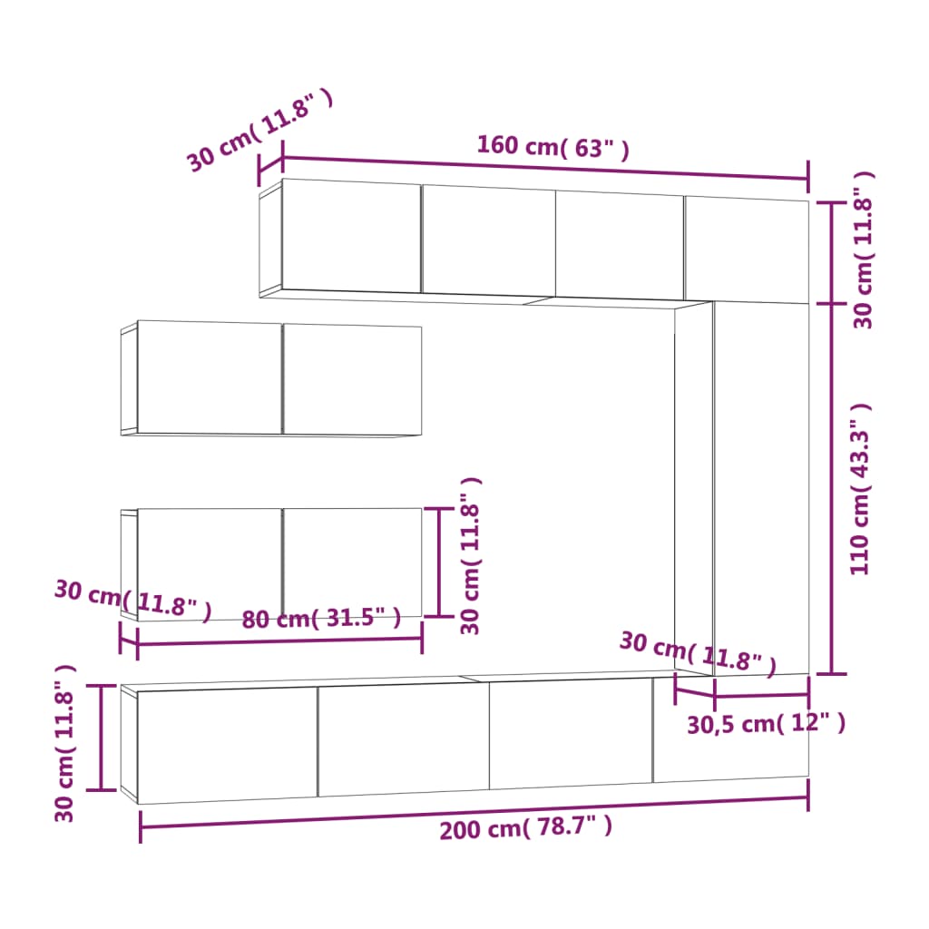 -Delige Tv-Meubelset Bewerkt Hout Kleurig 7 100 x 30 x 30 cm Sonoma eiken