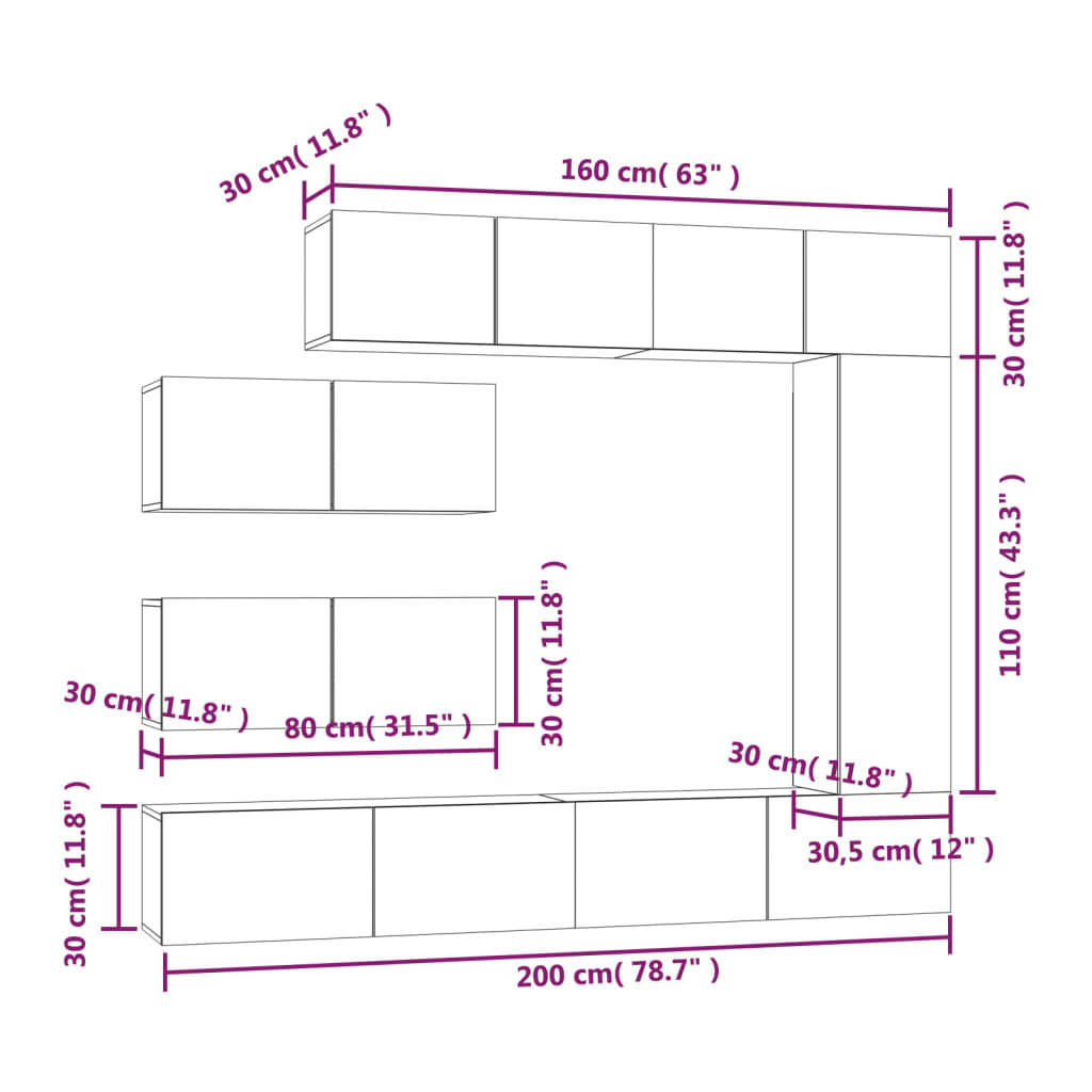 -Delige Tv-Meubelset Bewerkt Hout 7 100 x 30 x 30 cm Betongrijs