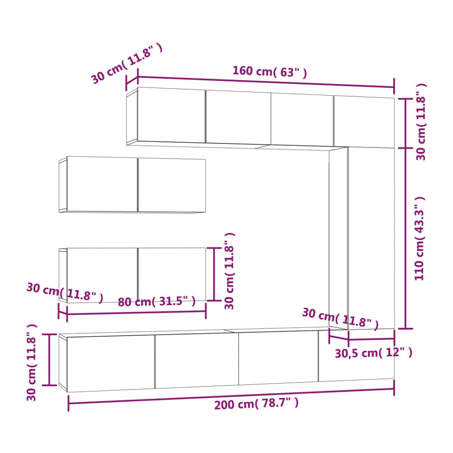 -Delige Tv-Meubelset Bewerkt Hout Eikenkleurig 7 100 x 30 x 30 cm Grijs sonoma