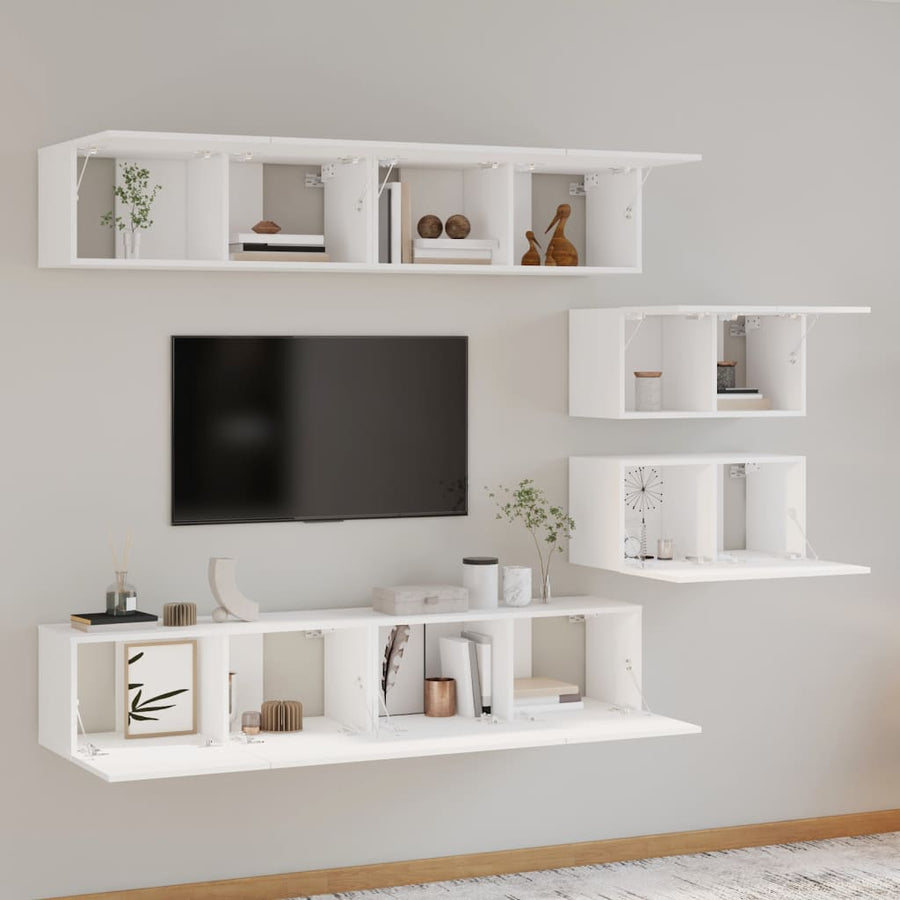 6-Delige Tv-Meubelset Bewerkt Hout 80 cm Wit