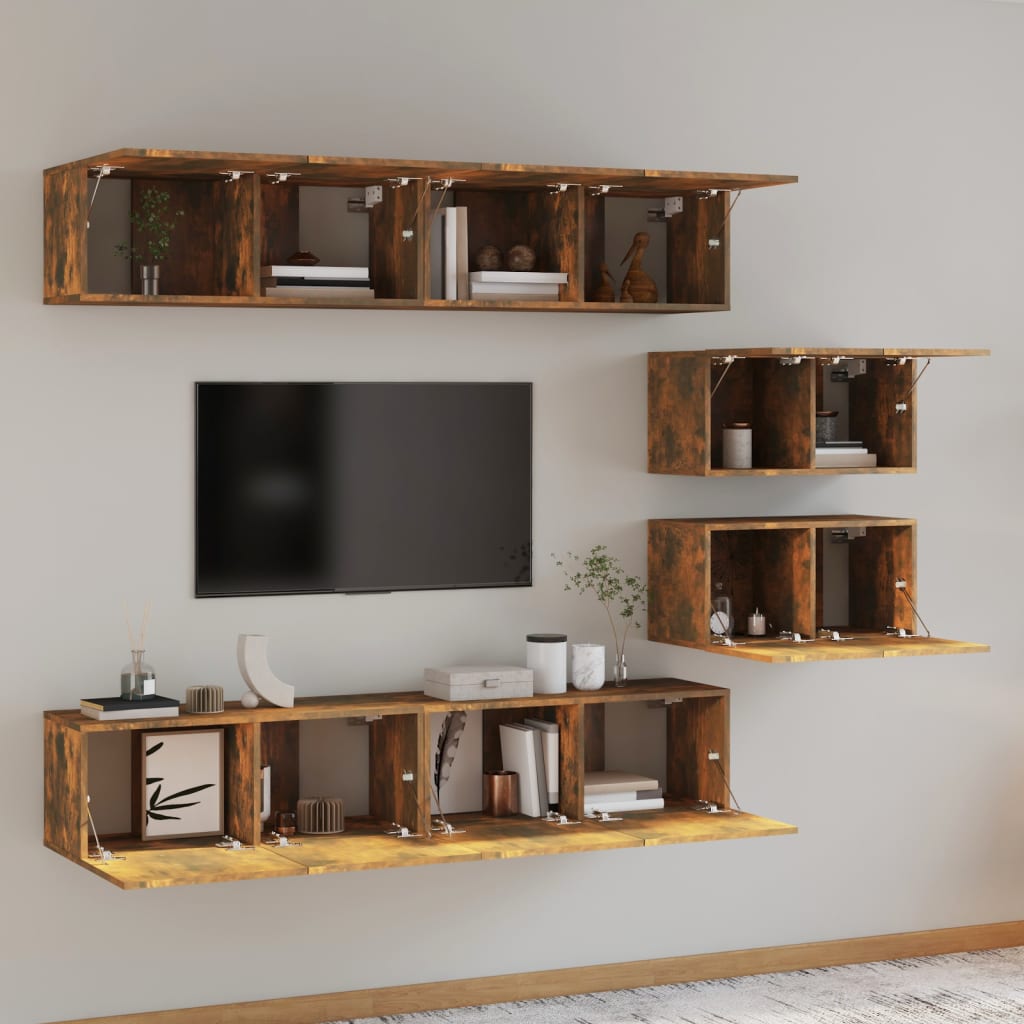 6-Delige Tv-Meubelset Bewerkt Hout Kleurig 80 x 30 x 30 cm Gerookt eiken