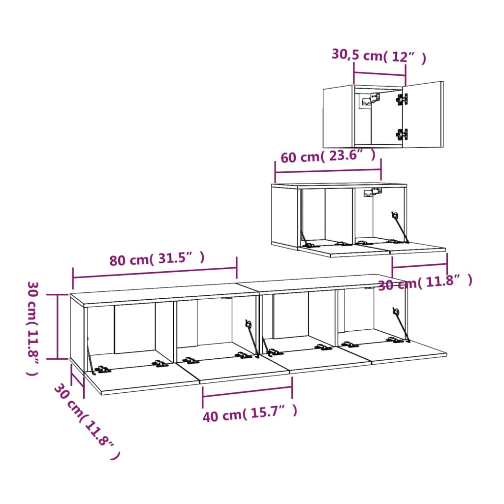 4-Delige Tv-Meubelset Bewerkt Hout 60/80 cm