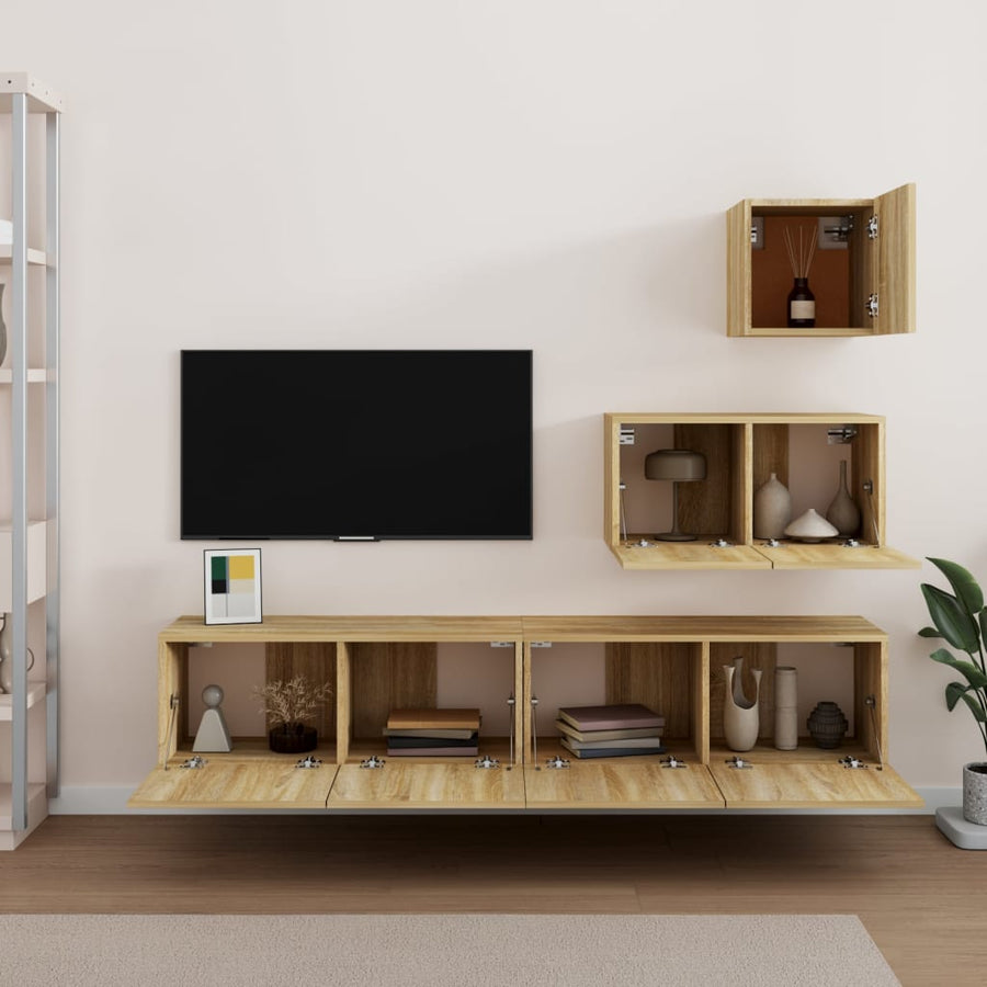 4-Delige Tv-Meubelset Bewerkt Hout Kleurig 60/80 cm Sonoma eiken