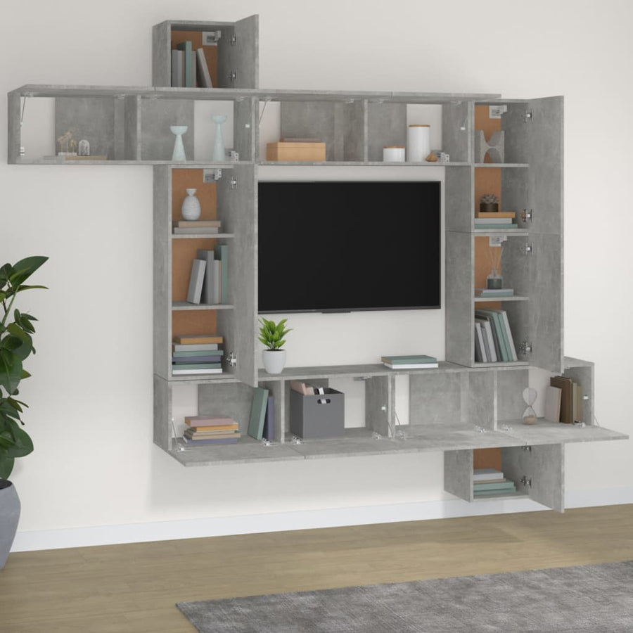 9-Delige Tv-Meubelset Bewerkt Hout Betongrijs