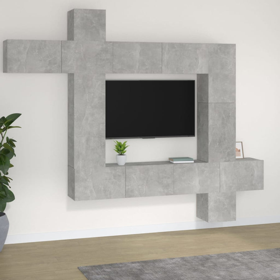 9-Delige Tv-Meubelset Bewerkt Hout Betongrijs