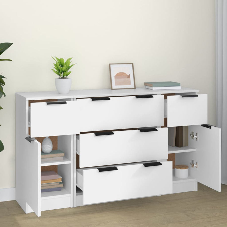 3-delige Dressoirset bewerkt hout wit Wit