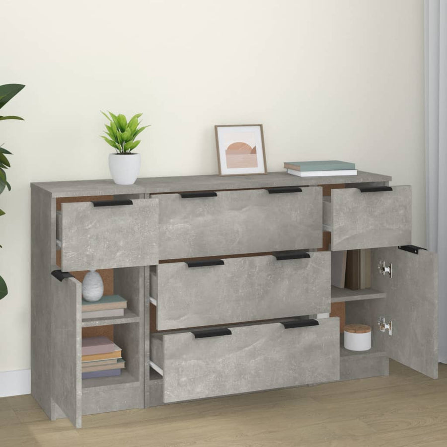 -Delige Dressoirset Bewerkt Hout Betongrijs