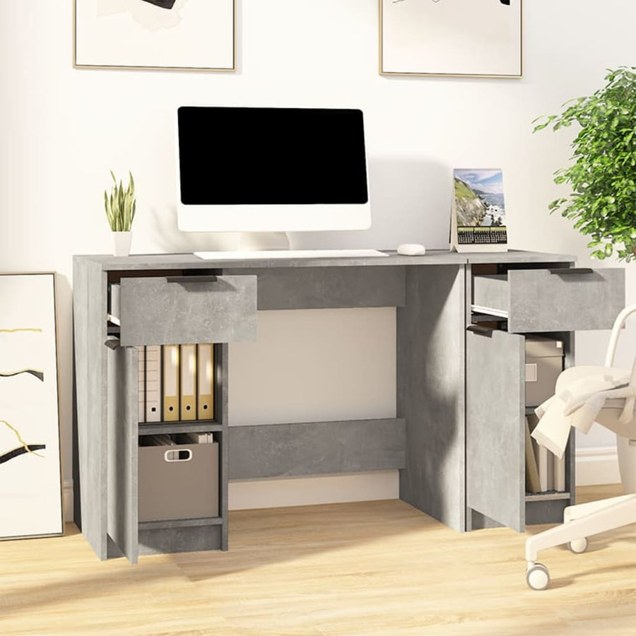 Bureau Met Bijzetkast Bewerkt Hout Betongrijs