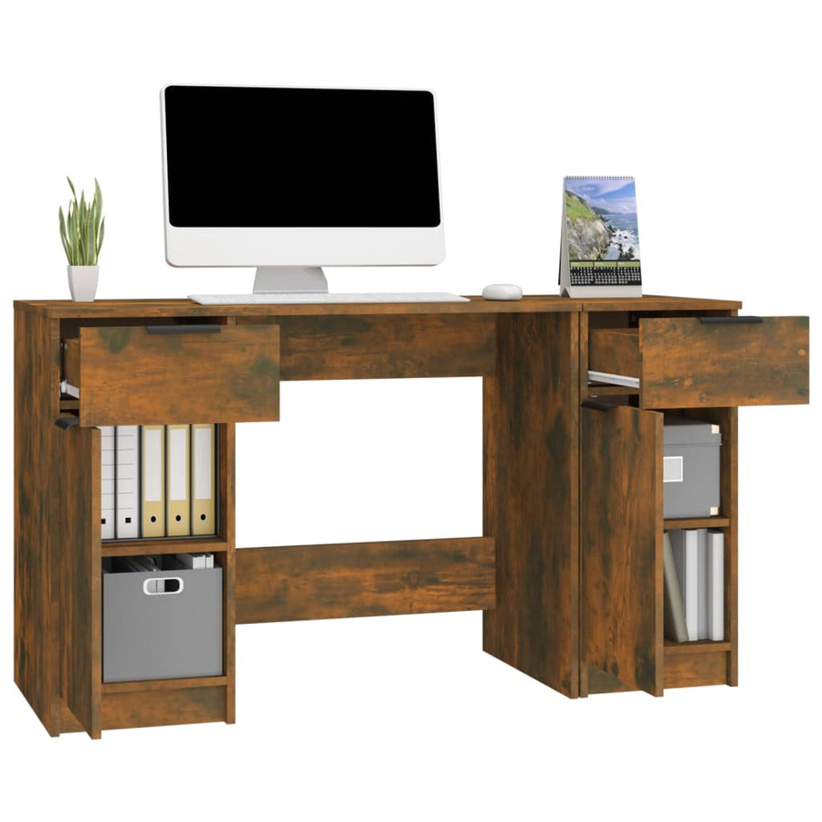 Bureau Met Bijzetkast Bewerkt Hout Gerookt Eikenkleurig