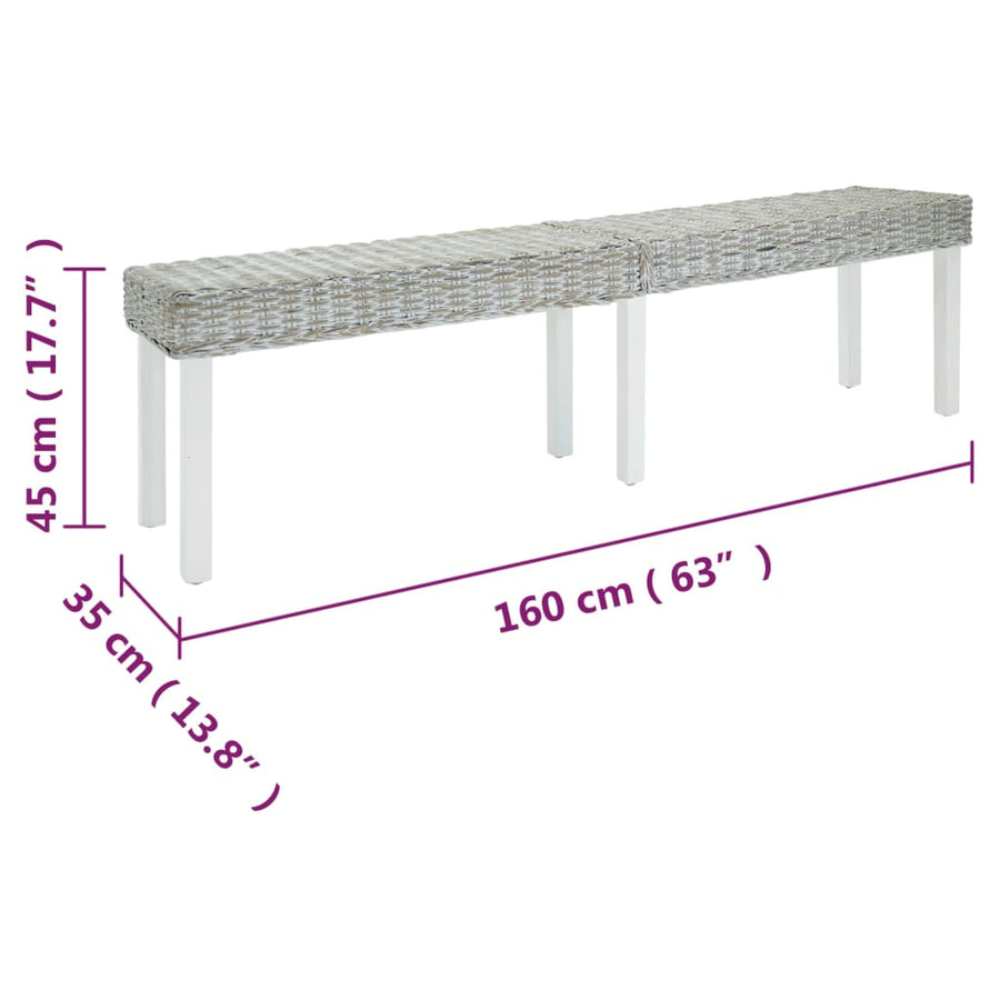 Bankje 160x35x45 cm natuurlijk kubu rattan en mahoniehout wit