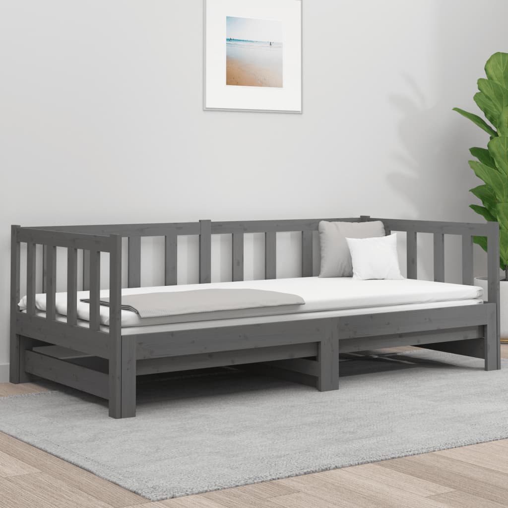 Slaapbank Uitschuifbaar Massief Grenenhout Grijs 2X(90X190) Cm