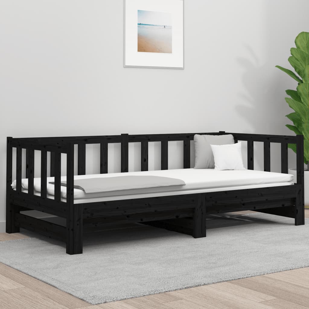 Slaapbank Uitschuifbaar Massief Grenenhout Zwart 2X(90X190) Cm