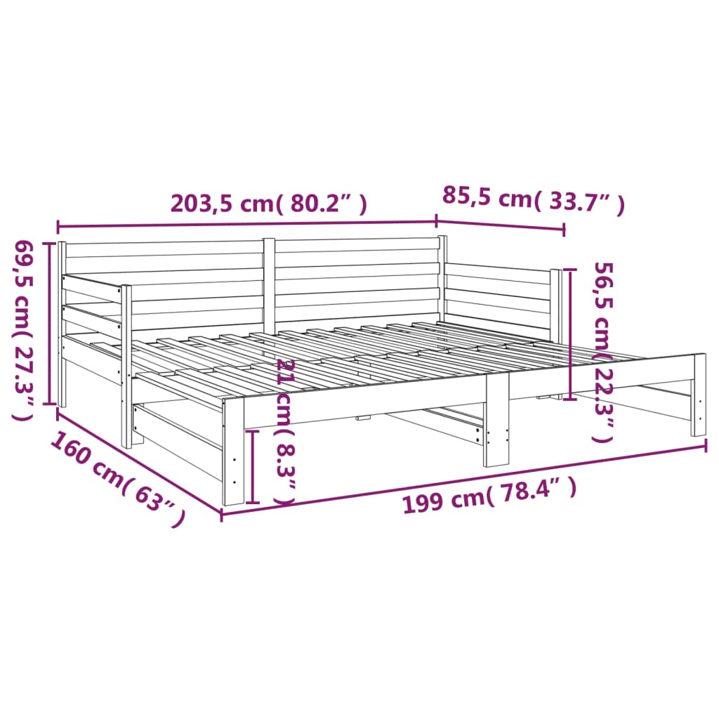 Slaapbank uitschuifbaar 2x(80x200) cm massief grenenhout