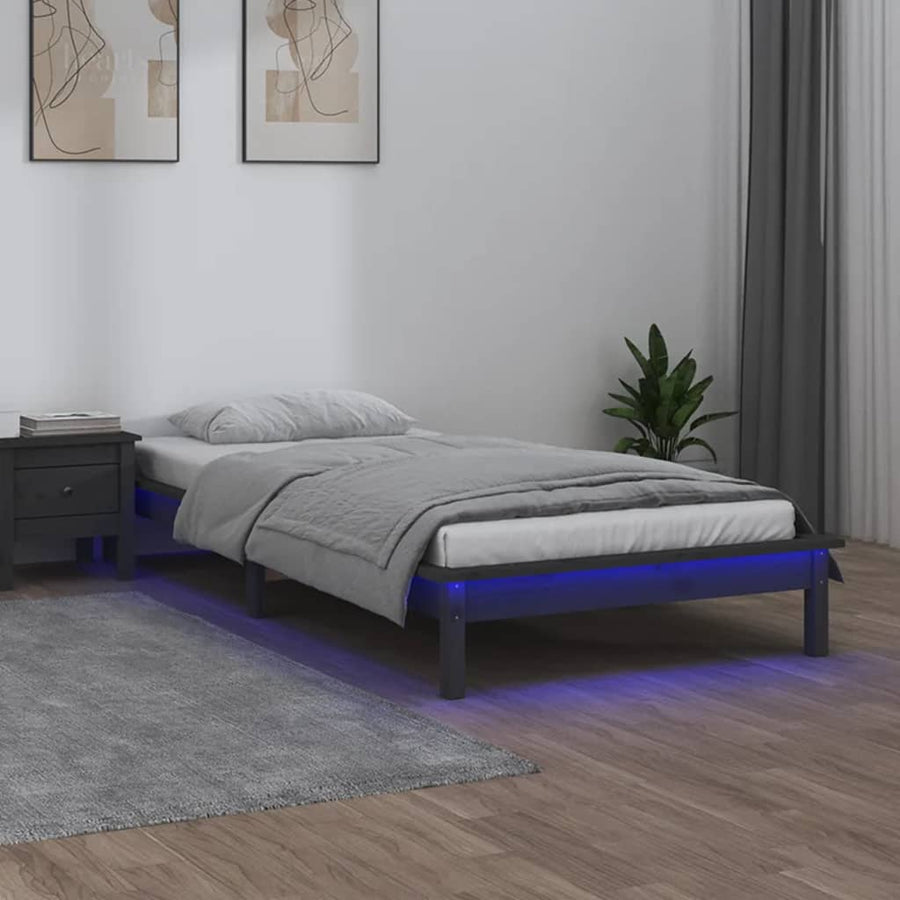 Bedframe Led Massief Hout Grijs 90X200 Cm
