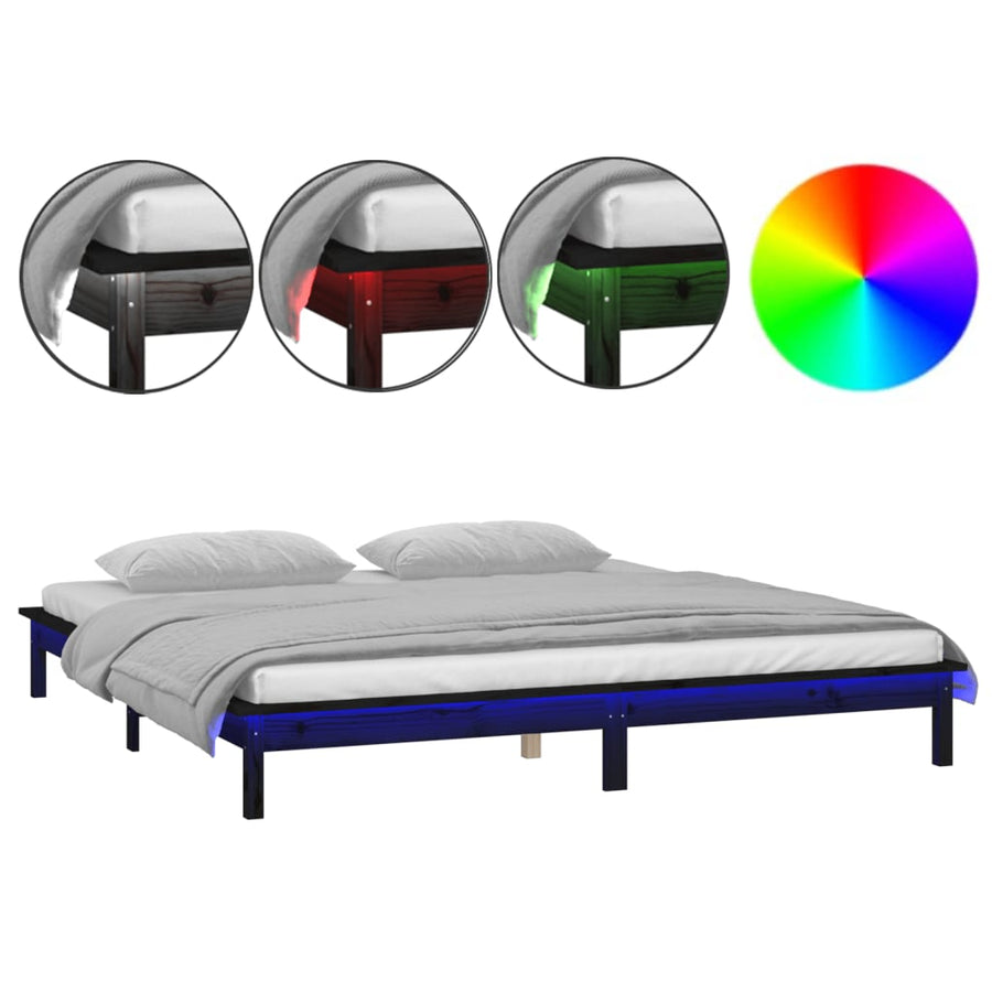 Bedframe Led Massief Hout Zwart 140X190 Cm
