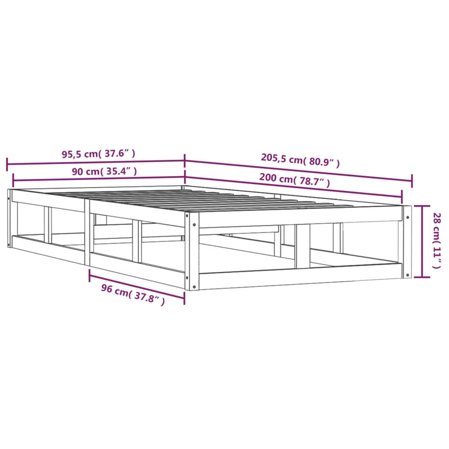 Bedframe Massief Hout 90 x 200 cm Naturel
