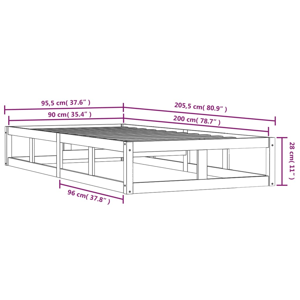 Bedframe Massief Hout 90 x 200 cm Wit