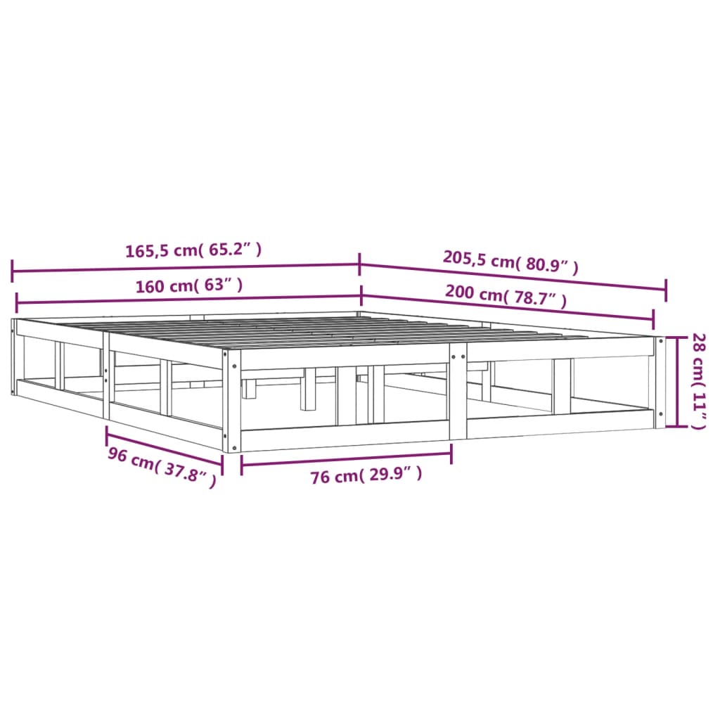 Bedframe Massief Hout 160 x 200 cm Zwart