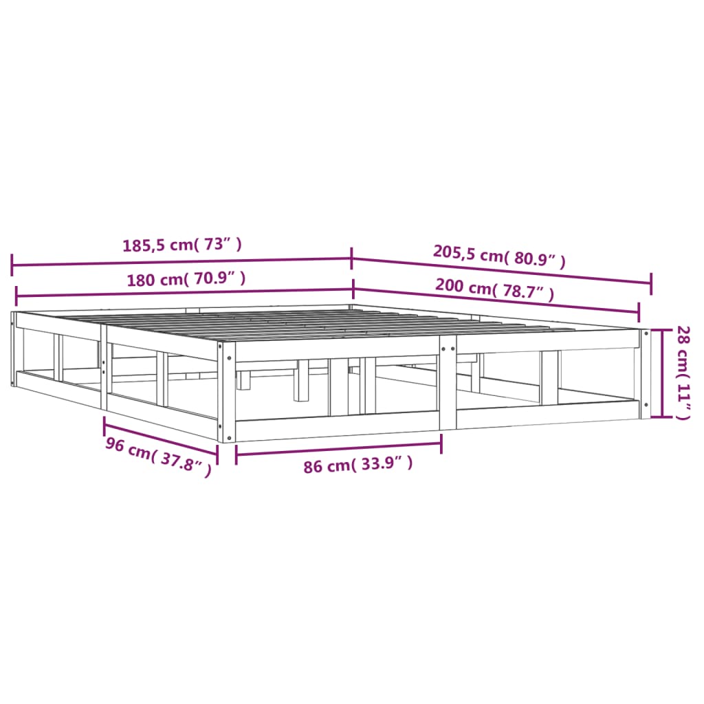 Bedframe Massief Hout 6Ft Super King 180 x 200 cm Zwart
