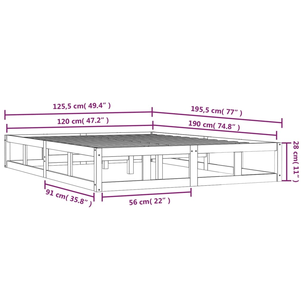 Bedframe Massief Hout 4Ft Small Double 120 x 190 cm Zwart
