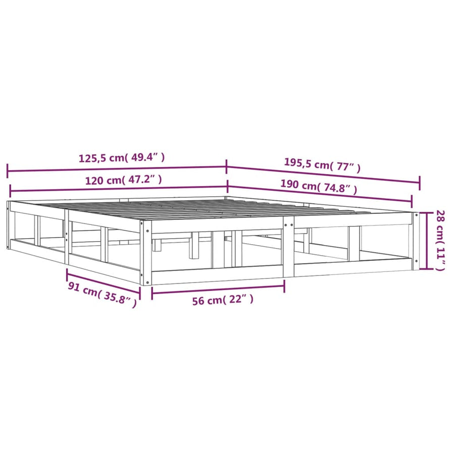 Bedframe Massief Hout 4Ft Small Double 120 x 190 cm Zwart