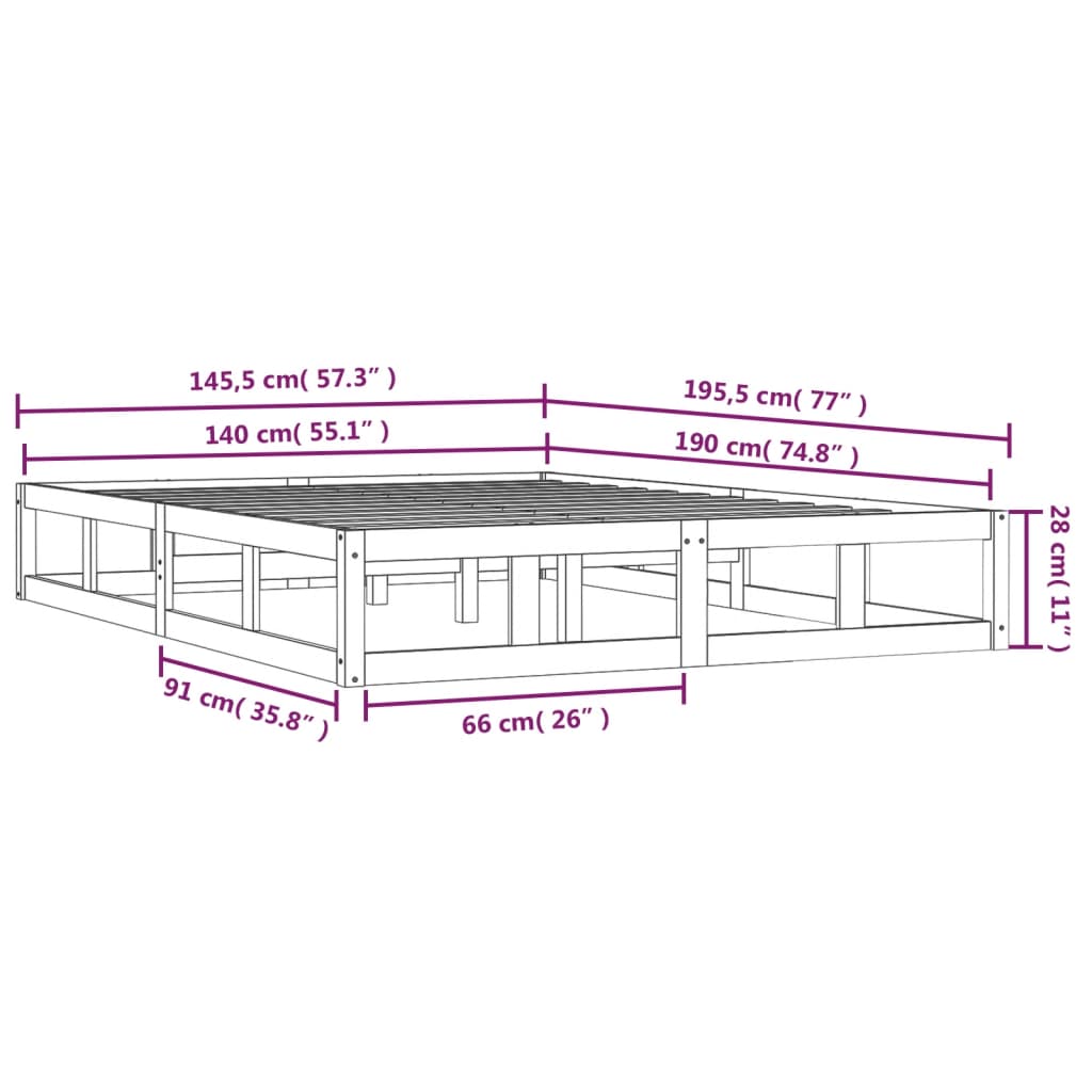 Bedframe Massief Hout 140 x 190 cm Zwart