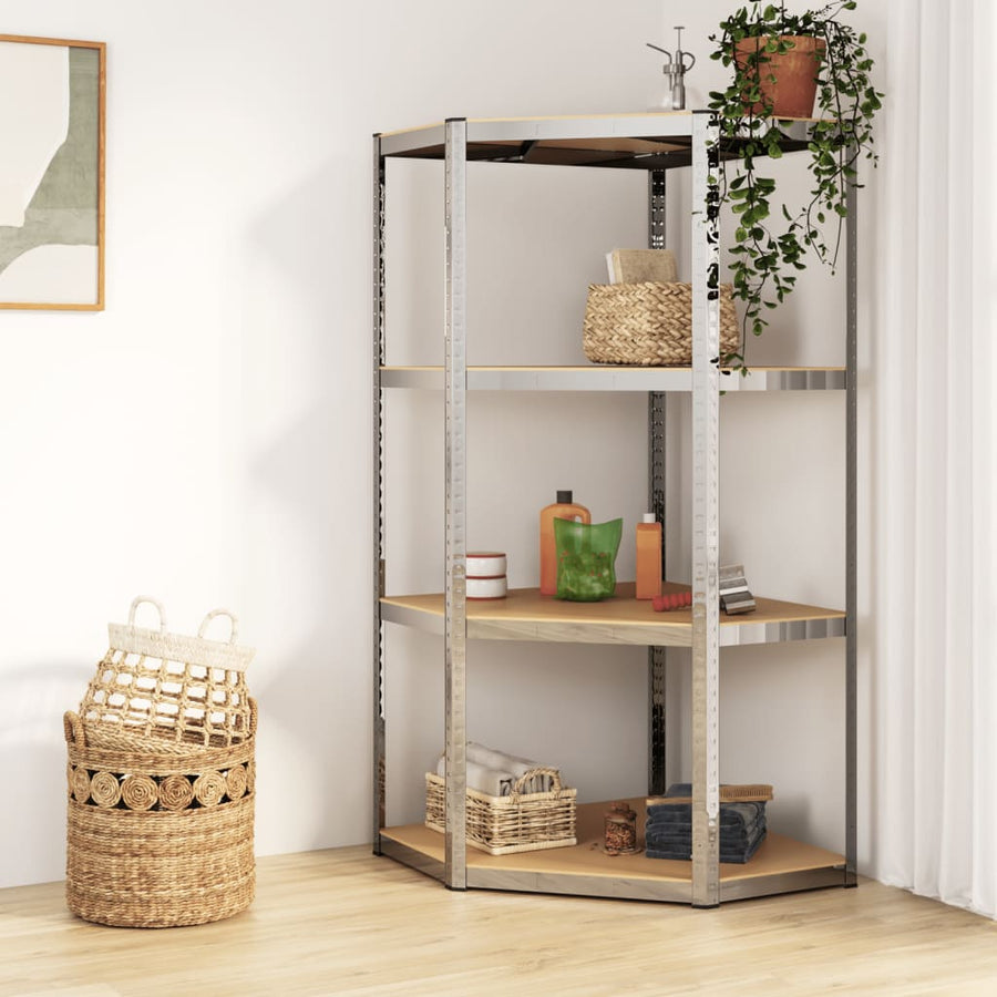 Hoekrek 4-Laags Staal En Bewerkt Hout Kleurig Zilver 1 75 x 75 x 160 cm