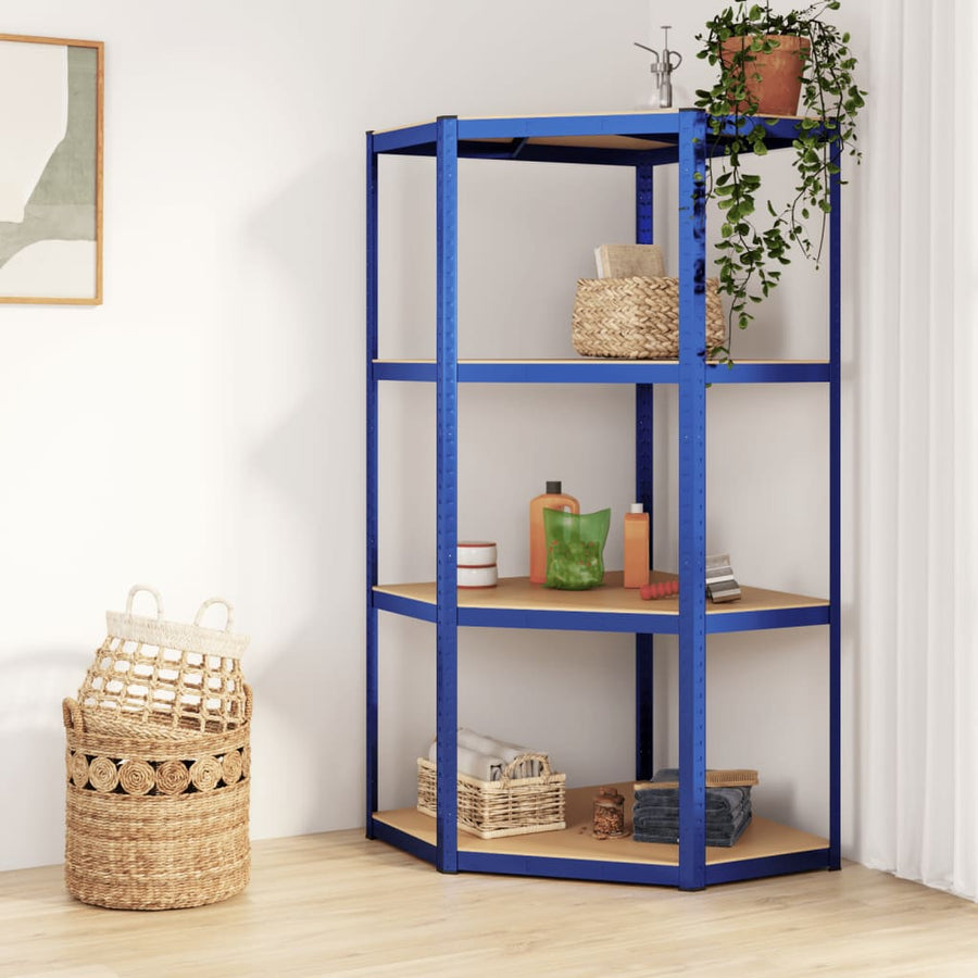 Hoekrek 4-Laags Staal En Bewerkt Hout Blauw 1 75 x 75 x 160 cm