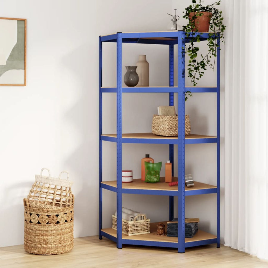 Hoekrek 5-Laags Staal En Bewerkt Hout Blauw 1 75 x 75 x 180 cm
