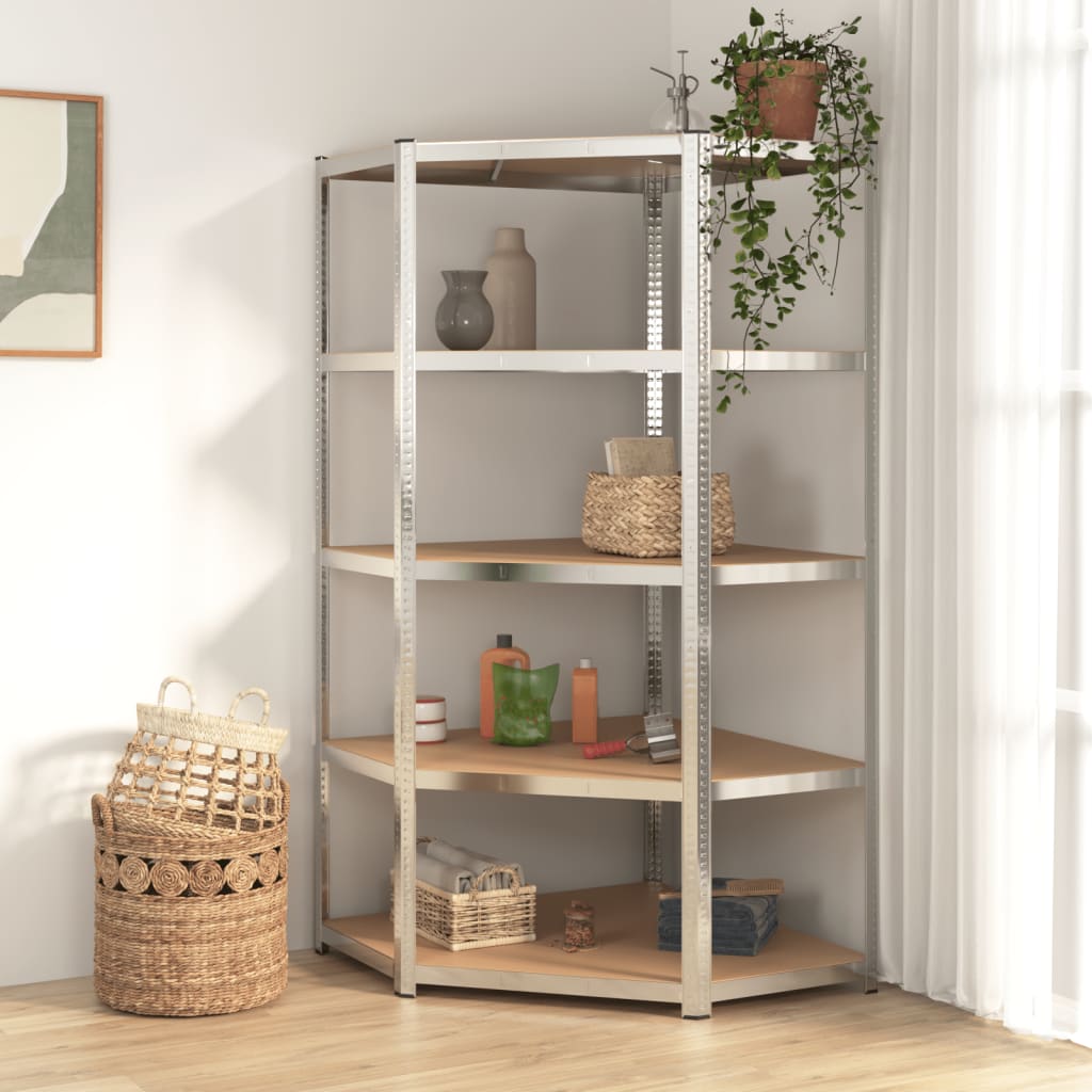 Hoekrek Robuust 5-Laags Staal En Bewerkt Hout Kleurig Zilver 1 90(45) x 90(45) x 180 cm