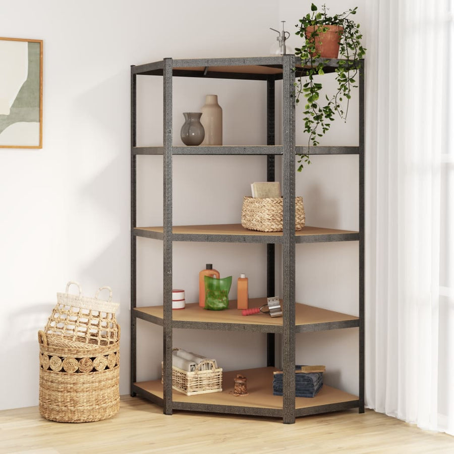 Hoekrek Robuust 5-Laags Staal En Bewerkt Hout Grijs 1 90 x 90 x 180 cm