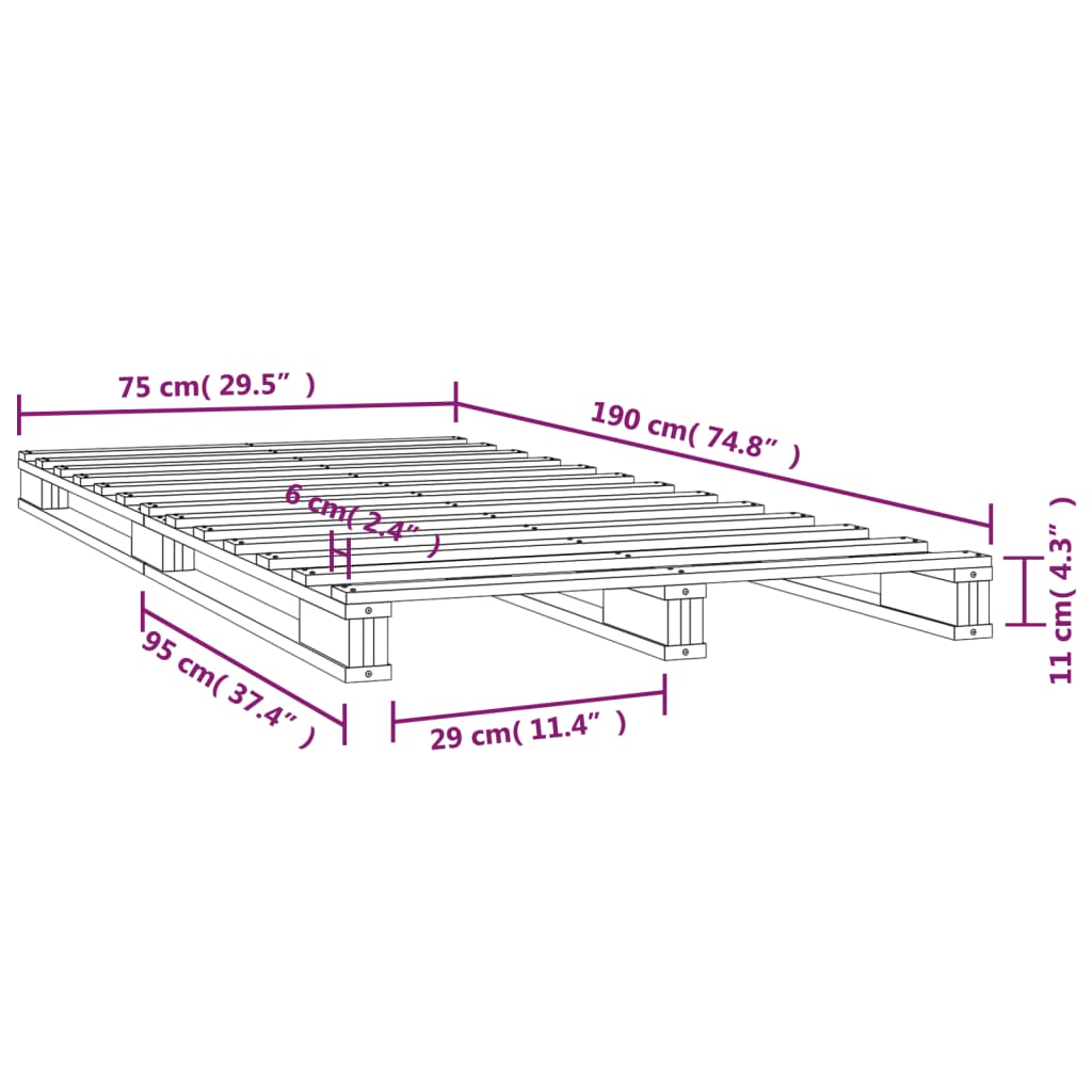 Palletbed Massief Grenenhout 2Ft6 Small Single 75 x 190 cm Wit