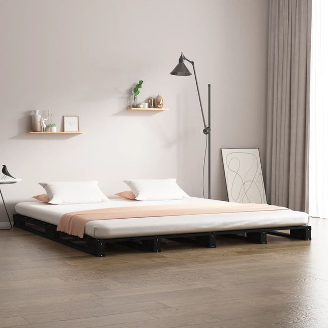 Palletbed Massief Grenenhout 4Ft6 Double 135 x 190 cm Zwart