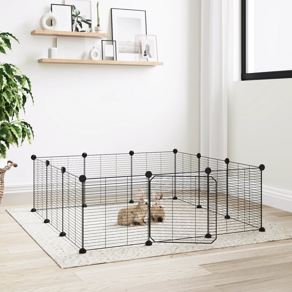 Huisdierenkooi met deur 12 panelen 35x35 cm staal zwart 1.5 cm