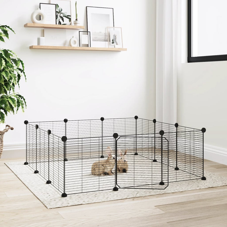 Huisdierenkooi met deur 12 panelen 35x35 cm staal zwart 1.5 cm