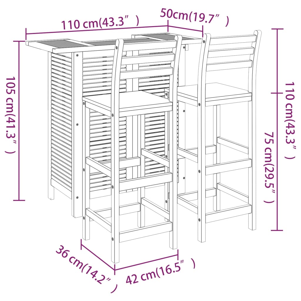 -Delige Tuinbarset Massief Acaciahout 3 Barstoelen met rugleuning