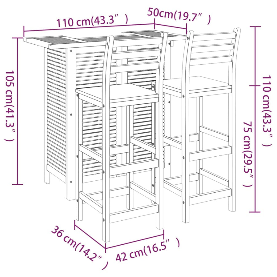 -Delige Tuinbarset Massief Acaciahout 3 Barstoelen met rugleuning