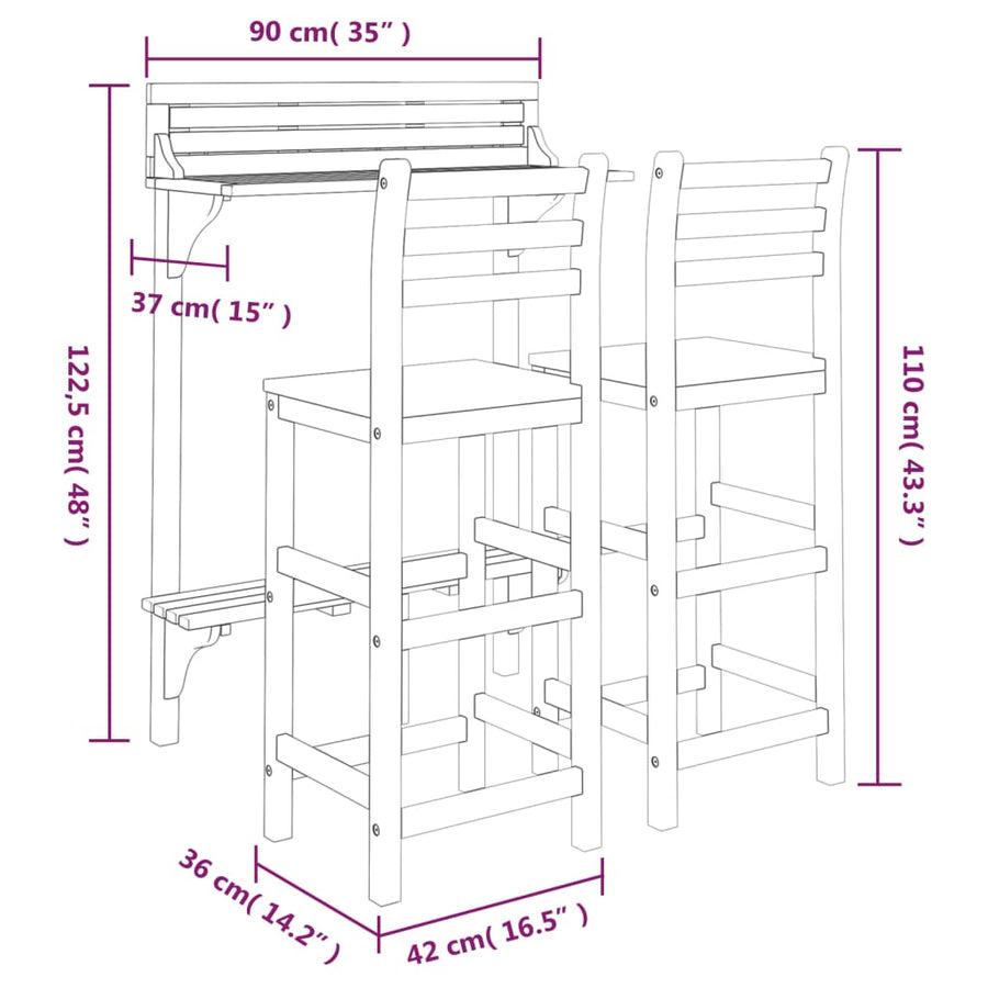 -Delige Balkonbarset Massief Acaciahout Barstoelen met rugleuning