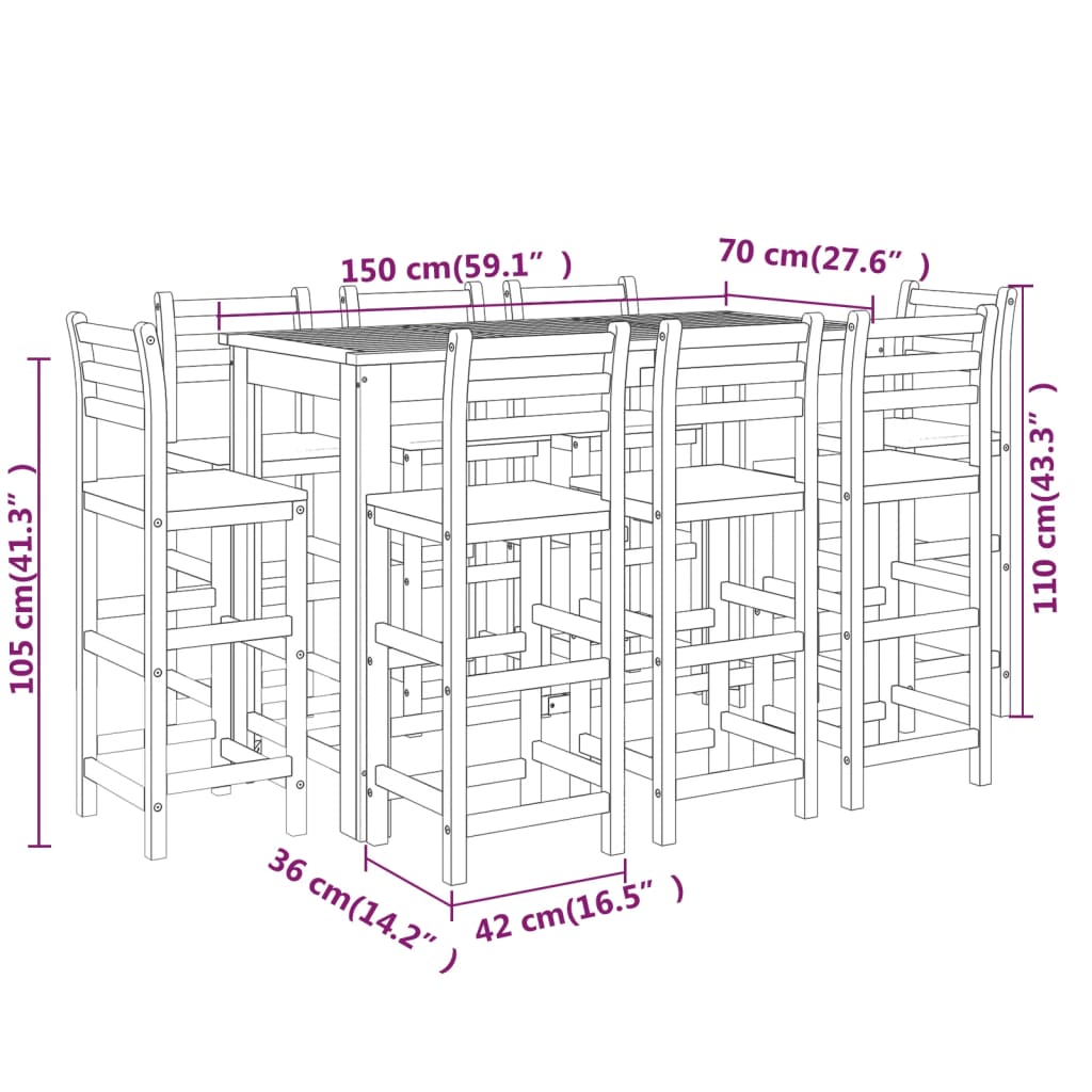 9-Delige Tuinbarset Massief Acaciahout 150 cm tafellengte Barstoelen met rugleuning