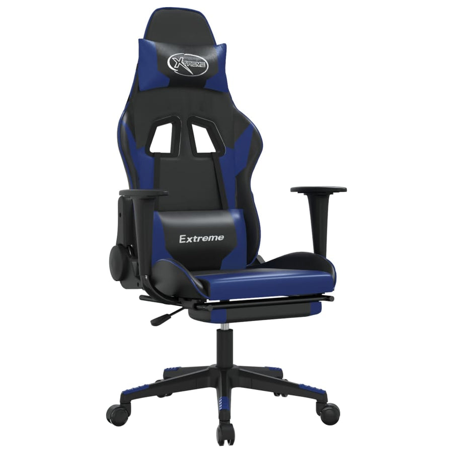 Massage gamestoel met voetensteun kunstleer zwart en blauw