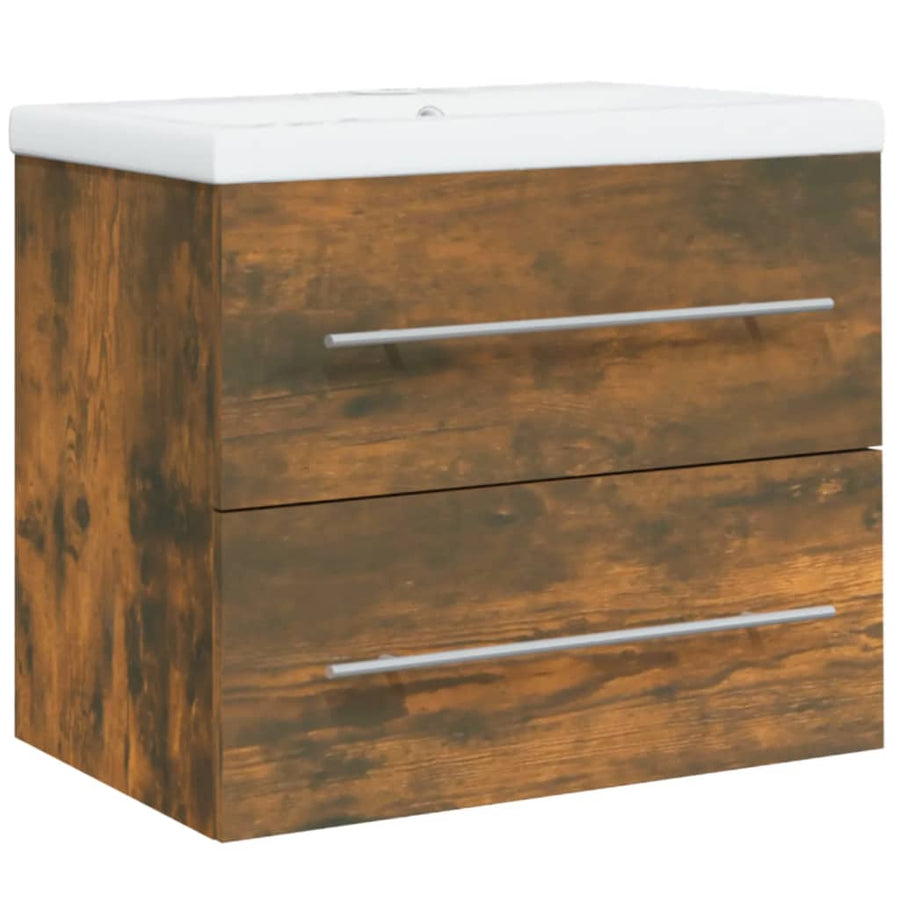 Wastafelkast Met Ingebouwde Wasbak Bewerkt Hout Gerookt Eiken 60 x 38.5 x 48 cm zonder kraan