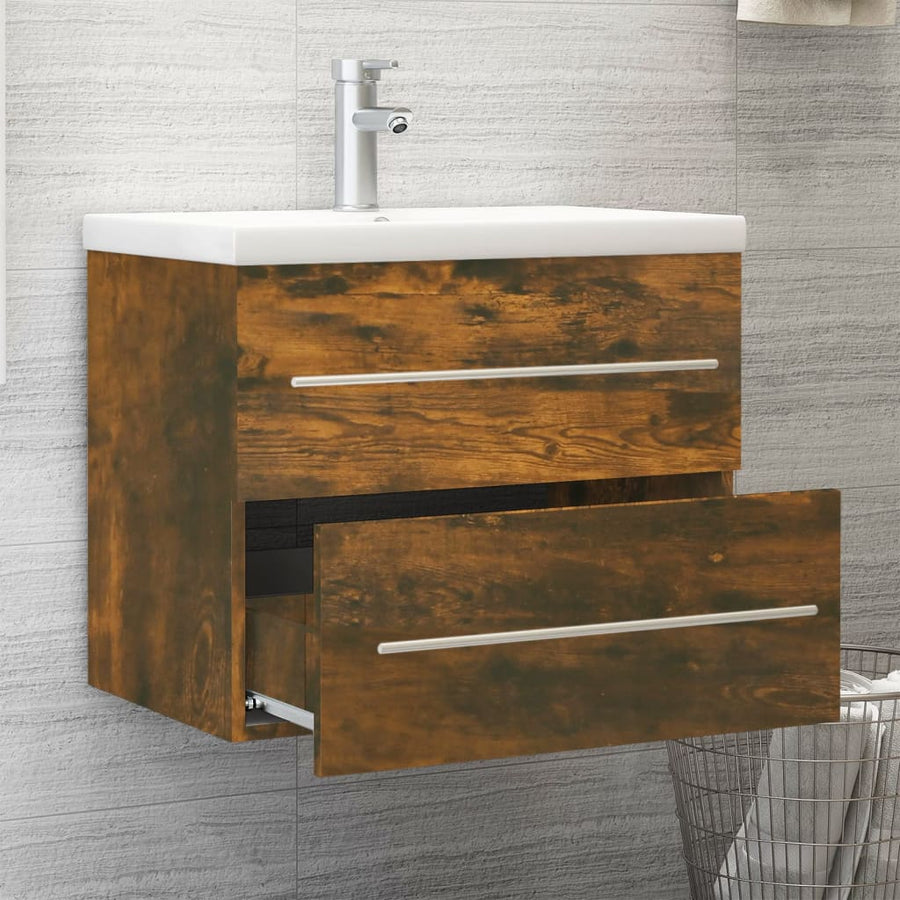 Wastafelkast Met Ingebouwde Wasbak Bewerkt Hout Gerookt Eiken 60 x 38.5 x 48 cm zonder kraan