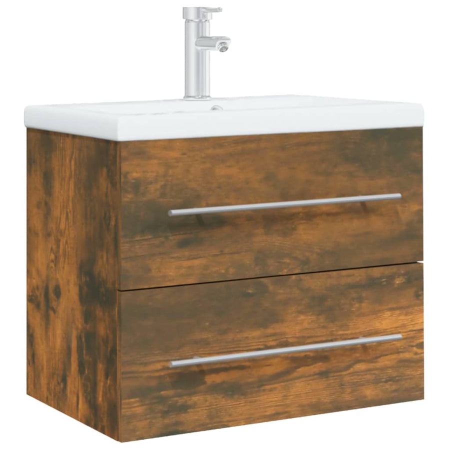 Wastafelkast Met Ingebouwde Wasbak Bewerkt Hout Gerookt Eiken 60 x 38.5 x 48 cm zonder kraan