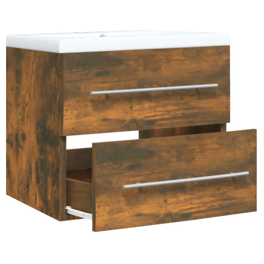 Wastafelkast Met Ingebouwde Wasbak Bewerkt Hout Gerookt Eiken 60 x 38.5 x 48 cm zonder kraan