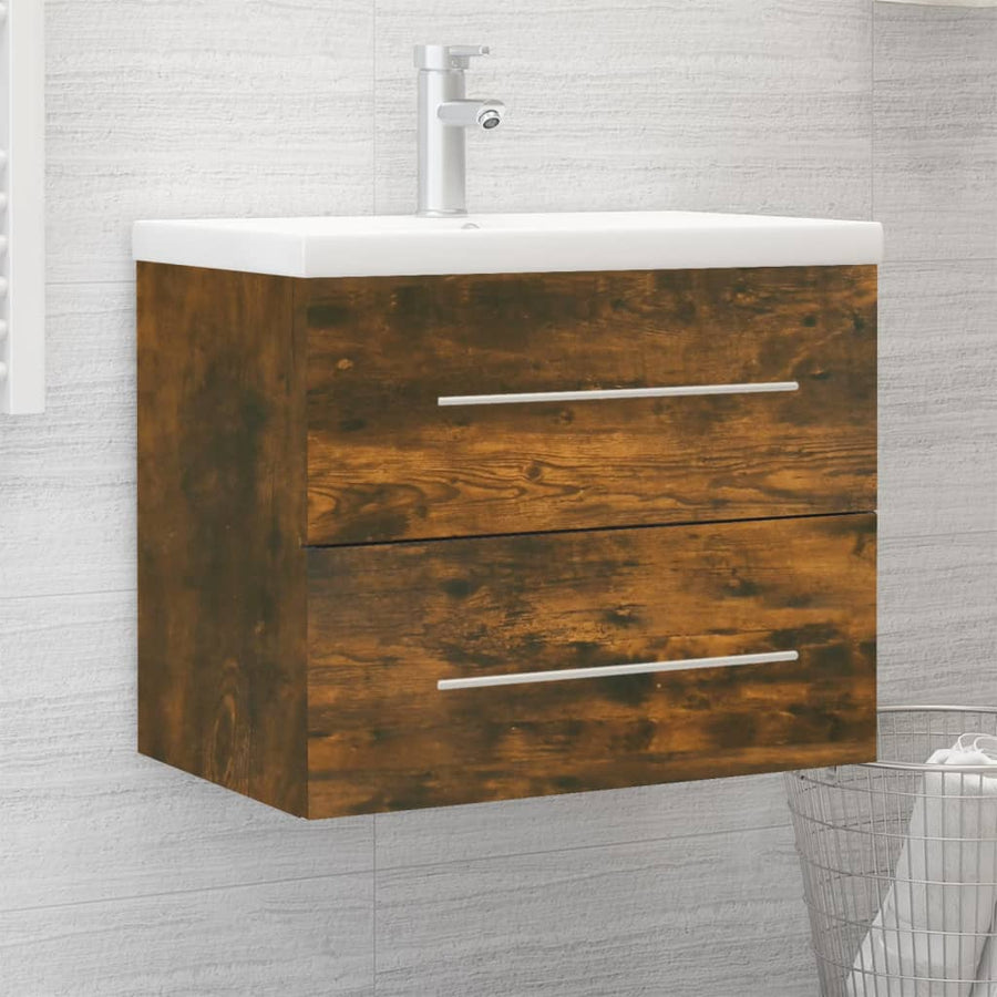 Wastafelkast Met Ingebouwde Wasbak Bewerkt Hout Gerookt Eiken 60 x 38.5 x 48 cm zonder kraan